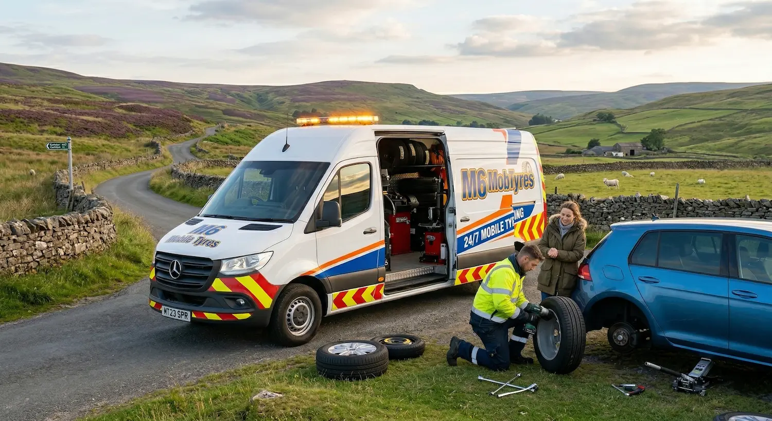 M6 Tyre Rescue technician changing a wheel for a customer at the roadside in the countryside